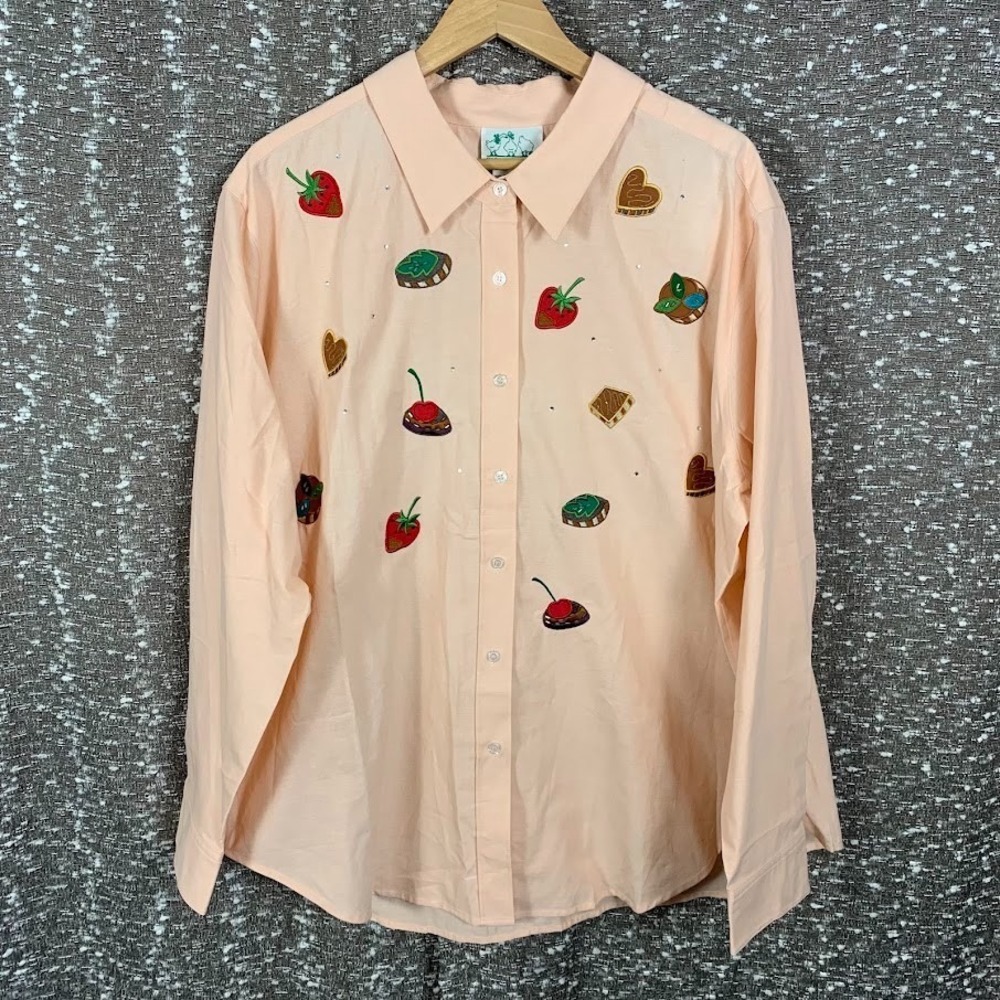 The Quacker Factory Pink Embroidered Desserts Button Up Shirt NWT Women's 2X